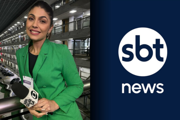 Luara Castilho segura microfone da TV Vanguarda afiliada da Globo dividindo tela com o logo do SBT News