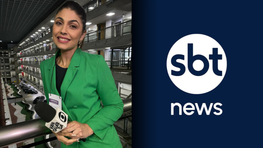Luara Castilho segura microfone da TV Vanguarda afiliada da Globo dividindo tela com o logo do SBT News