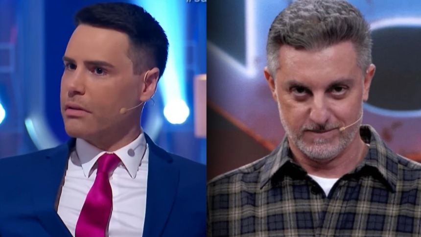 Luiz Bacci, vestindo terno e gravata, Luciano Huck, com o rosto apreensivo no Domingão, em uma montagem