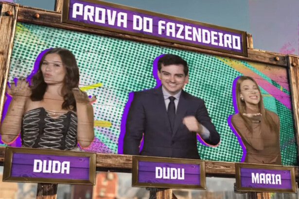 Maria, Dudu e Duda na arte da Prova do Fazendeiro na chamada de A Fazenda