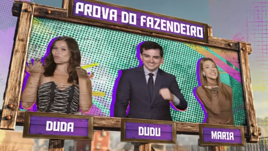 Maria, Dudu e Duda na arte da Prova do Fazendeiro na chamada de A Fazenda