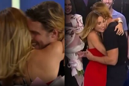 Maria e Matheus se reencontrando no Hoje em Dia após a eliminação de A Fazenda