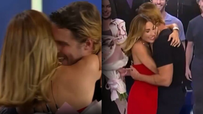 Maria e Matheus se reencontrando no Hoje em Dia após a eliminação de A Fazenda
