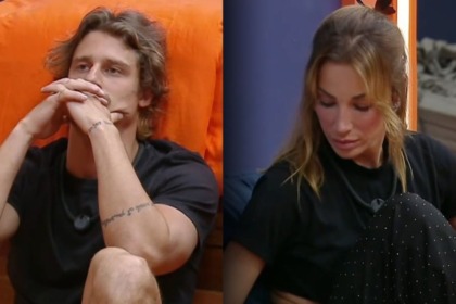 Matheus, com as mãos juntas no queixo, em montagem com Maria, de cabeça baixa, no quarto de A Fazenda