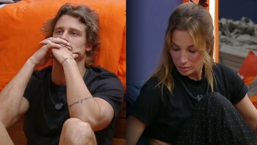 Matheus, com as mãos juntas no queixo, em montagem com Maria, de cabeça baixa, no quarto de A Fazenda
