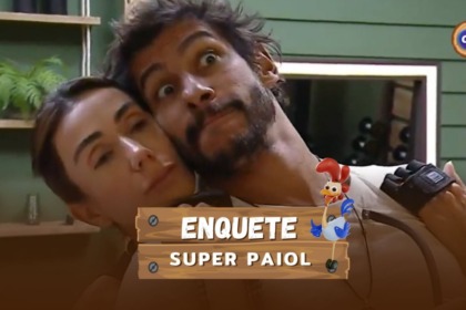Michelle e Shia abraçados em frente ao espelho, na arte de parcial da enquete do Super Paiol em A Fazenda