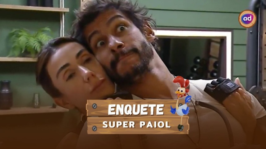 Michelle e Shia abraçados em frente ao espelho, na arte de parcial da enquete do Super Paiol em A Fazenda