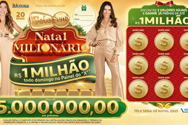 Bilhete da Tele Sena de Natal com as irmãs Patricia Abravanel e Rebeca Abravanel vestidas de roupas douradas