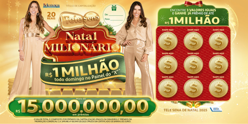 Bilhete da Tele Sena de Natal com as irmãs Patricia Abravanel e Rebeca Abravanel vestidas de roupas douradas