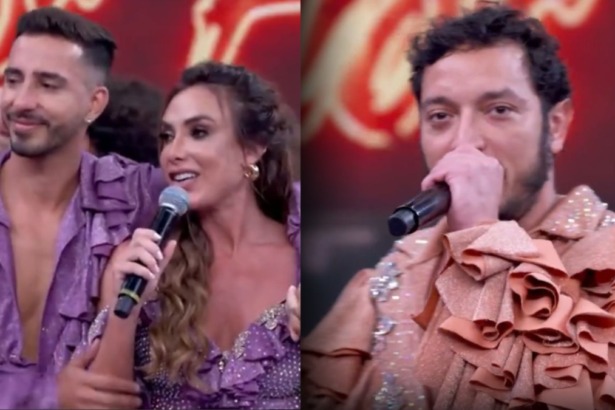 Nicole Bahls, ao lado do seu coreógrafo, e Allan Souza Lima após eliminação na Dança dos Famosos