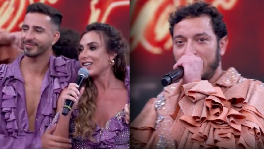 Nicole Bahls, ao lado do seu coreógrafo, e Allan Souza Lima após eliminação na Dança dos Famosos