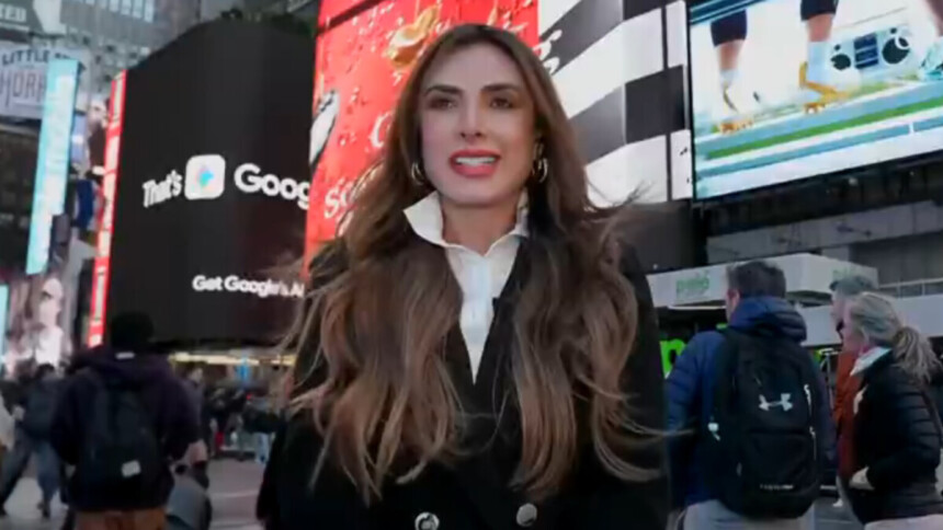 Nicole Bahls na Times Square em Nova York, em frente a telões, gravando homenagem exibida no Domingão com Huck