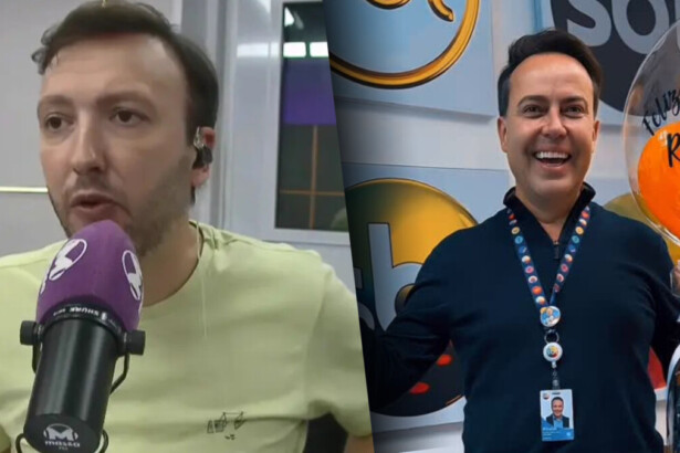 Murilo Bordoni, produtor de Ratinho, fala no microfone da Rádio Massa, dividindo tela com uma foto de Rinaldi Fari sorridente em um camarim com logos do SBT por trás
