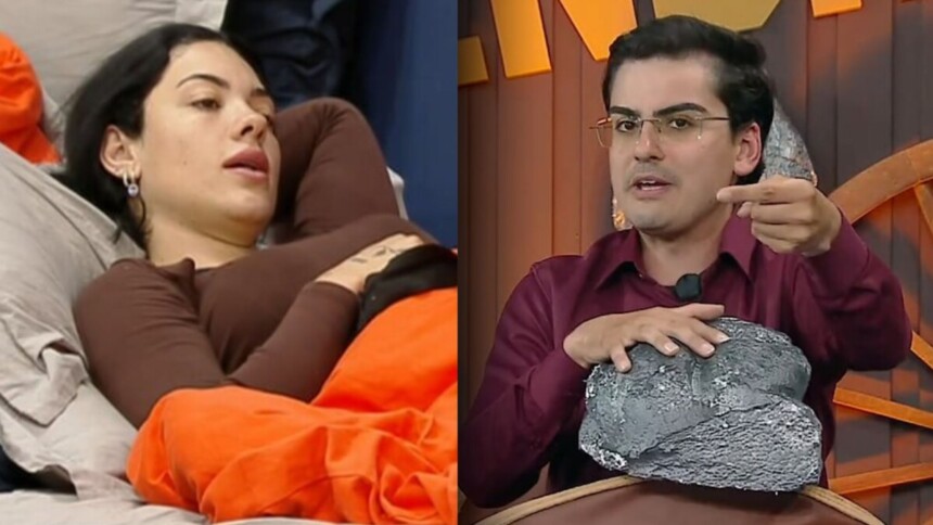 Rayane e Dudu Camargo em uma montagem na A Fazenda