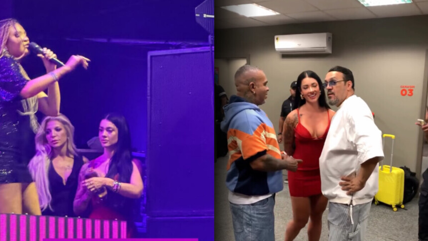 Rayane ao lado do palco curtindo show de Belo e depois nos bastidores junto com Rodriguinho e o amado