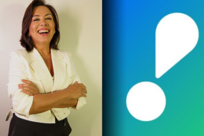 Montagem com a apresentadora Katiuzia Rios, do Nordeste do Povo, ao lado do logo da RedeTV!
