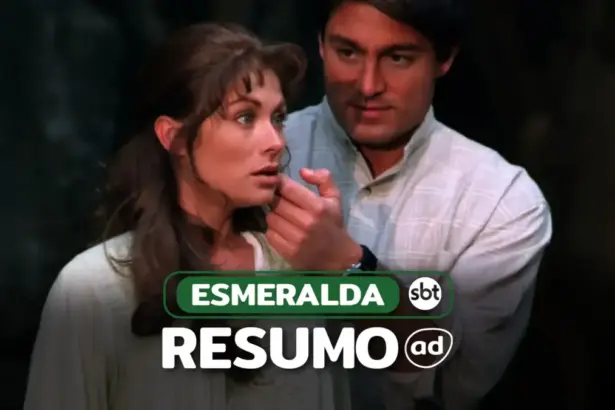 José Armando acaricia o rosto de Esmeralda na arte do Resumo da novela Esmeralda