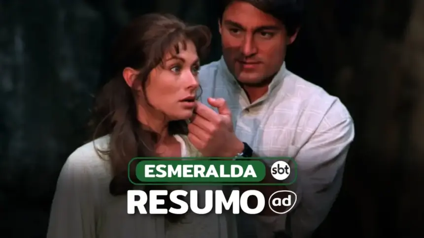José Armando acaricia o rosto de Esmeralda na arte do Resumo da novela Esmeralda