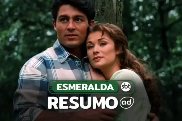 Casal de protagonistas a braçados e olhando para o horizonte em uma floresta na arte do Resumo de Esmeralda