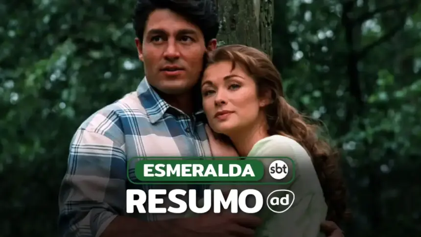 Casal de protagonistas a braçados e olhando para o horizonte em uma floresta na arte do Resumo de Esmeralda
