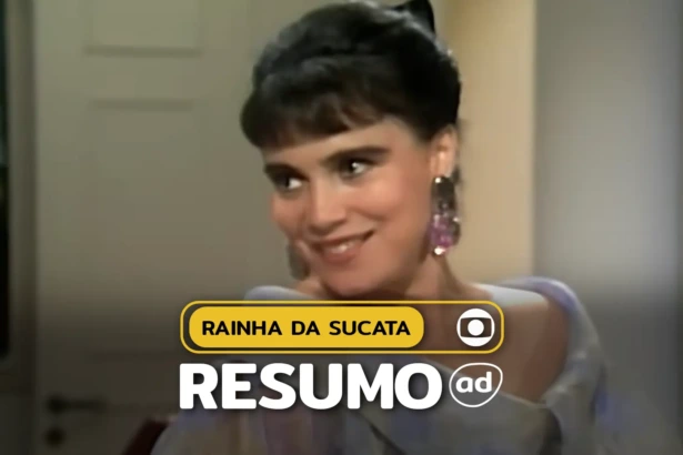 Maria do Carmo (Regina Duarte) sorridente na arte do resumo de Rainha da Sucata