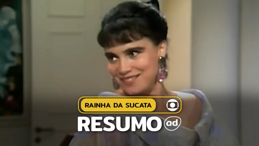 Maria do Carmo (Regina Duarte) sorridente na arte do resumo de Rainha da Sucata
