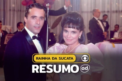 Maria do Carmo (Regina Duarte) e Edu Figueroa (Tony Ramos) sorridentes na arte do resumo de Rainha da Sucata