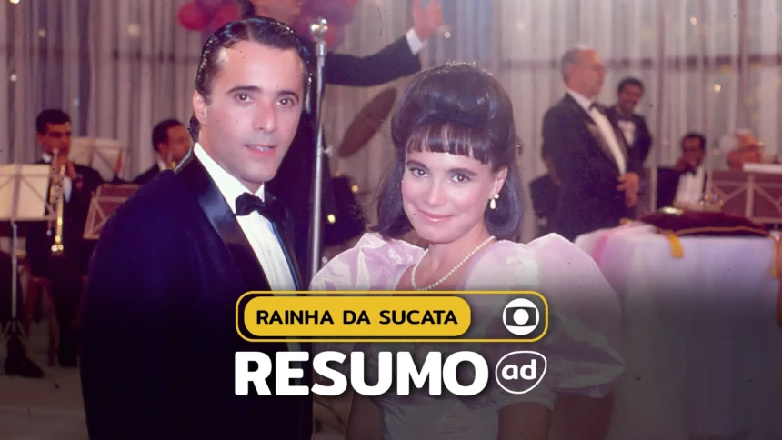 Maria do Carmo (Regina Duarte) e Edu Figueroa (Tony Ramos) sorridentes na arte do resumo de Rainha da Sucata
