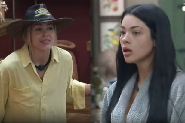 Saory e Rayane em uma montagem com trechos de discussão em A Fazenda