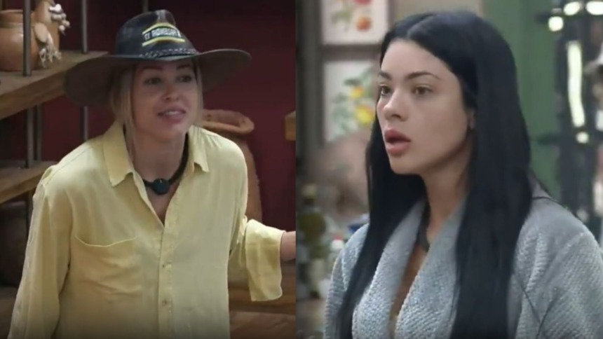 Saory e Rayane em uma montagem com trechos de discussão em A Fazenda