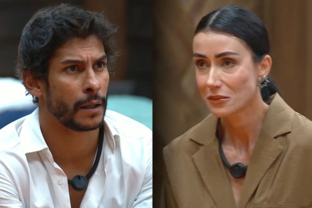 Shia e Michelle em uma montagem na noite de eliminação A Fazenda no Super Paiol