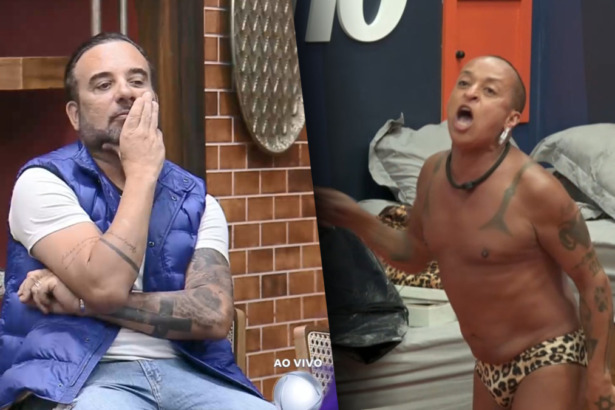 Fabiano com a mão na boca e Walério sem camisa dentro da sede de A Fazenda 17. Um pode ceder a vaga para o outro no Super Paiol