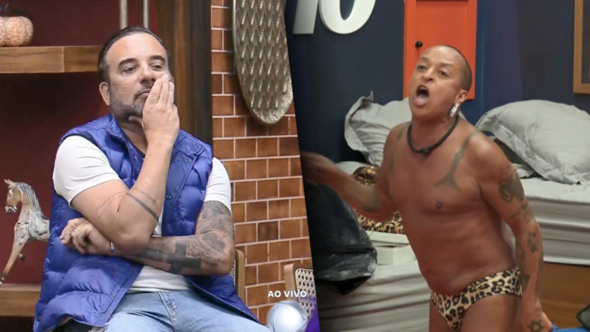 Fabiano com a mão na boca e Walério sem camisa dentro da sede de A Fazenda 17. Um pode ceder a vaga para o outro no Super Paiol