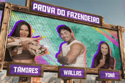 Tamires, Yoná e Wallas na arte da Prova do Fazendeiro na chamada de A Fazenda