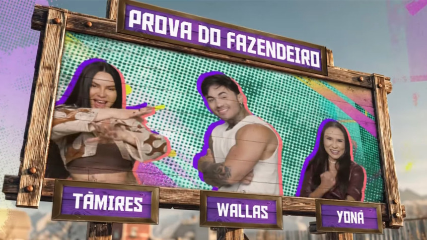 Tamires, Yoná e Wallas na arte da Prova do Fazendeiro na chamada de A Fazenda