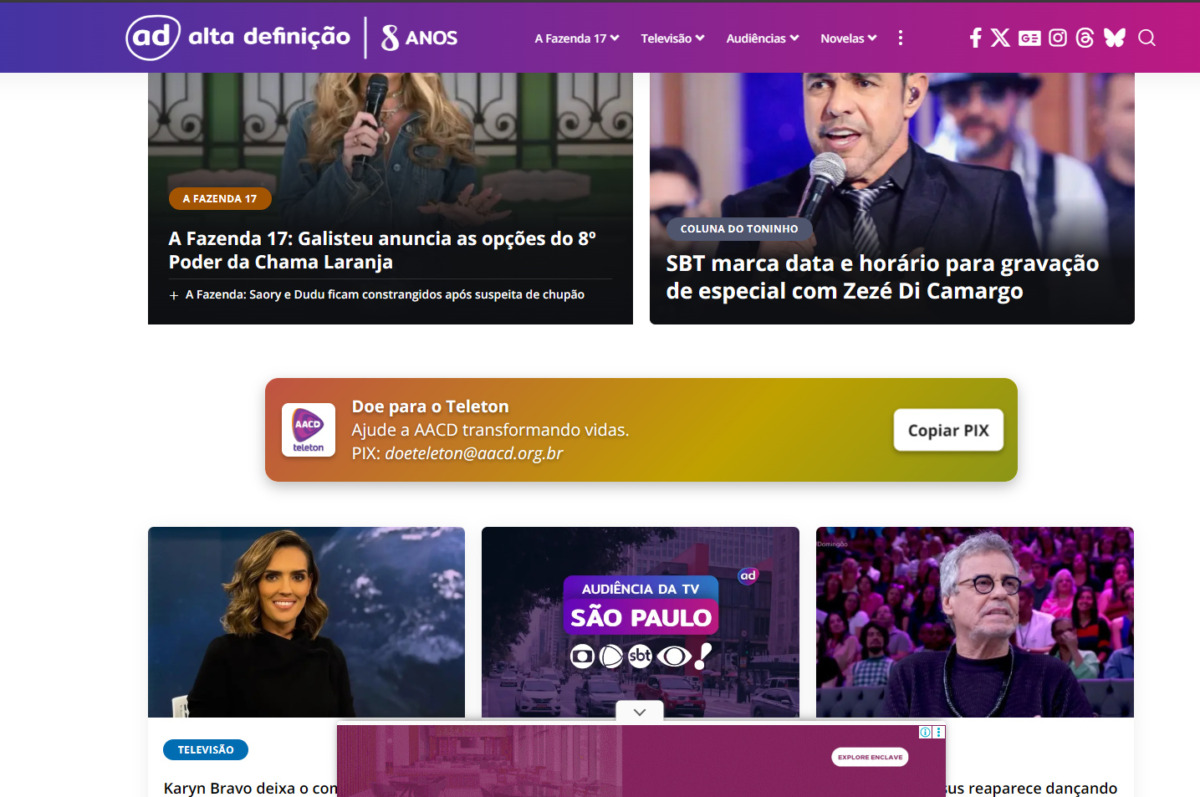 Home do Portal Alta Definição com uma área interativa para ajudar as doações do Teleton 2025