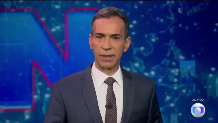 Cesar Tralli com a boca aberta apresentando o Plantão da Globo sobre o cumprimento da Pena de Bolsonaro