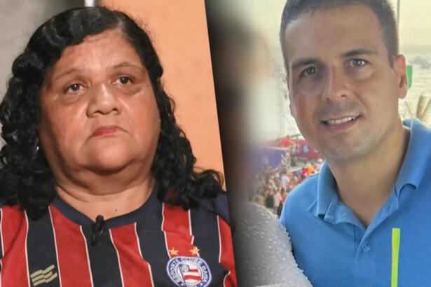 Mãe de vítima com hidrocefalia emocionada durante reportagem olhando para a câmera, divide tela com Marcelo Castro, Juca, que está sorrindo em viagem internacional