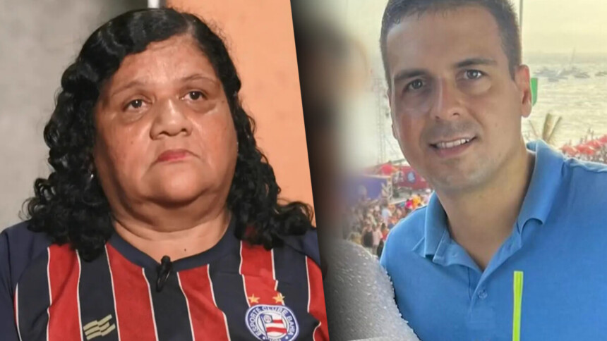 Mãe de vítima com hidrocefalia emocionada durante reportagem olhando para a câmera, divide tela com Marcelo Castro, Juca, que está sorrindo em viagem internacional