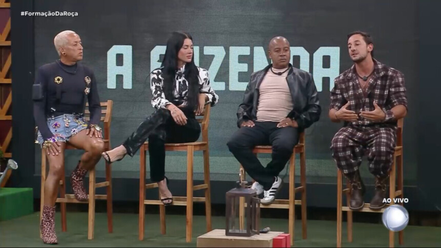 Walério, Rayane, Toninho e Mesquita sentados no banquinho da Roça