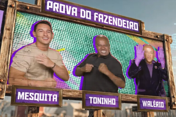 Walério, Toninho e Mesquita na arte da Prova do Fazendeiro na chamada de A Fazenda