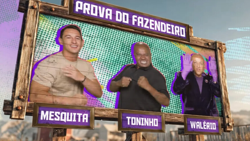 Walério, Toninho e Mesquita na arte da Prova do Fazendeiro na chamada de A Fazenda