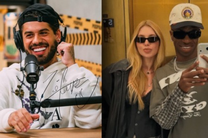 Cantor Zé Felipe em close sorrindo com headset e, ao lado, a influenciadora Virginia Fonseca com o jogador Vini Jr.