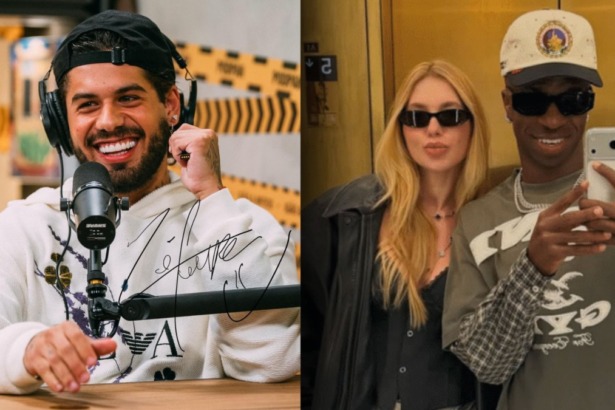 Cantor Zé Felipe em close sorrindo com headset e, ao lado, a influenciadora Virginia Fonseca com o jogador Vini Jr.