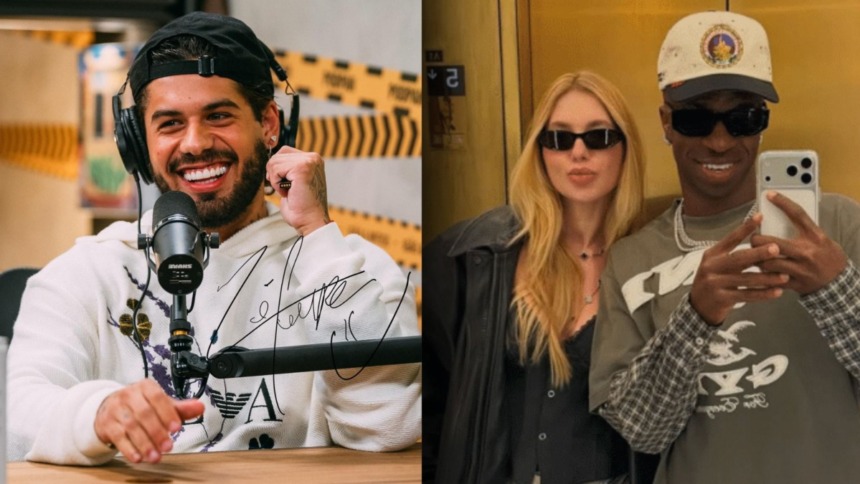 Cantor Zé Felipe em close sorrindo com headset e, ao lado, a influenciadora Virginia Fonseca com o jogador Vini Jr.