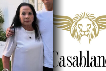 Arlette Siaretta em montagem abraçada com seu filho ao lado do logo da Casablanca