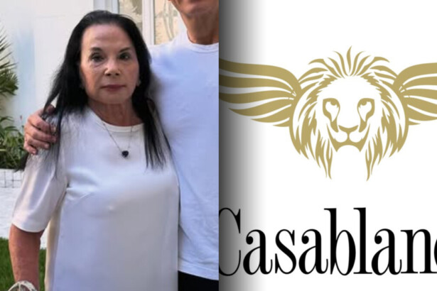 Arlette Siaretta em montagem abraçada com seu filho ao lado do logo da Casablanca