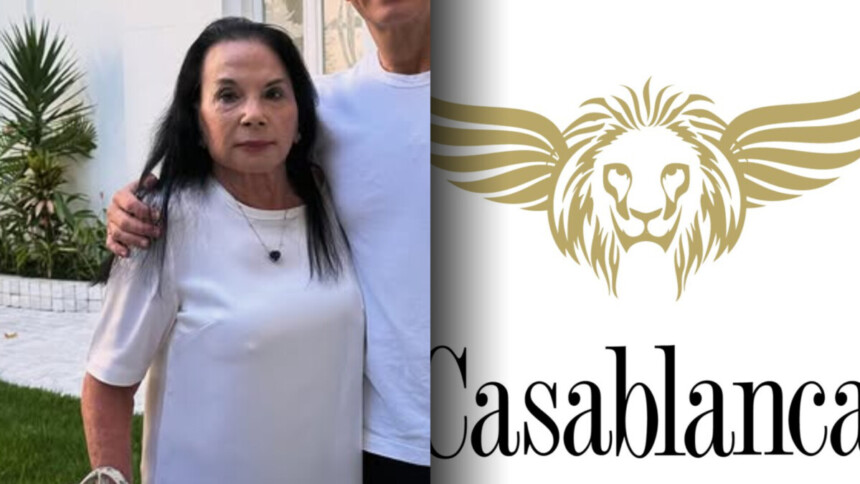 Arlette Siaretta em montagem abraçada com seu filho ao lado do logo da Casablanca
