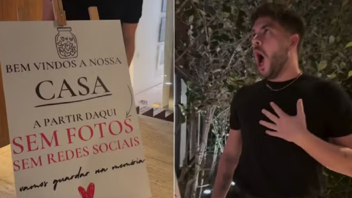 Montagem de um cartaz informando sobre o proibição do uso de celular na festa e do influenciador chocado com essa informação  