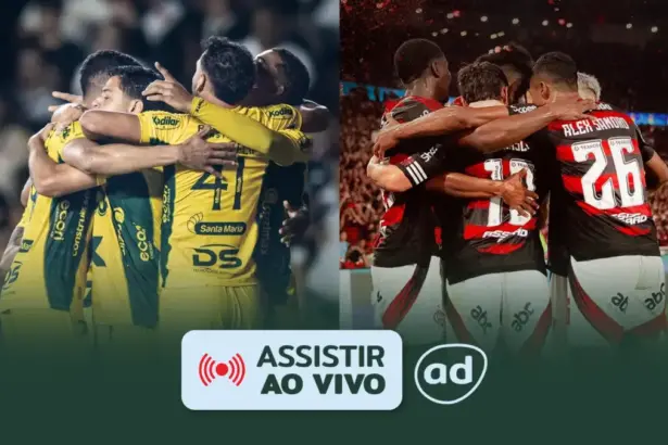 Jogadores do Mirassol e Flamengo de costas abraçados na arte do Campeonato Brasileiro Ao Vivo